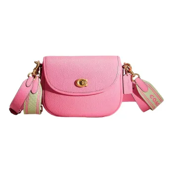 COACH Willow Pebble Leather Saddle Bag, Shoulder Bag, Crossbody Bag Small Size Women's Brass & Geranium Pink