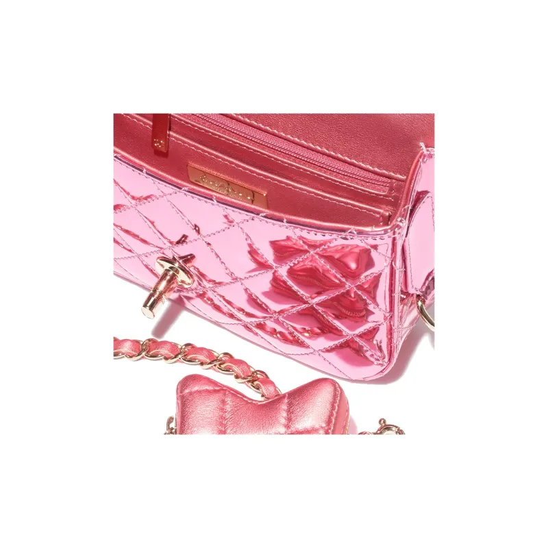 CHANEL Metal Texture Mirror Finish Calfskin With Lambskin Accents Shoulder Bag, Crossbody Bag Mini Women's Pink-2