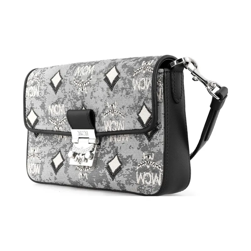 MCM Nappa Leather Jacquard Fabric Shoulder Bag, Crossbody Bag Small Size Women's Gray-1