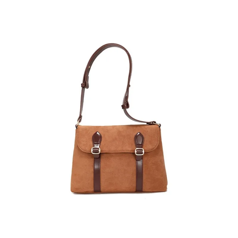 NOMK Suede Messenger Bag Shoulder Bag Crossbody Bag Women's Black & Khaki-5