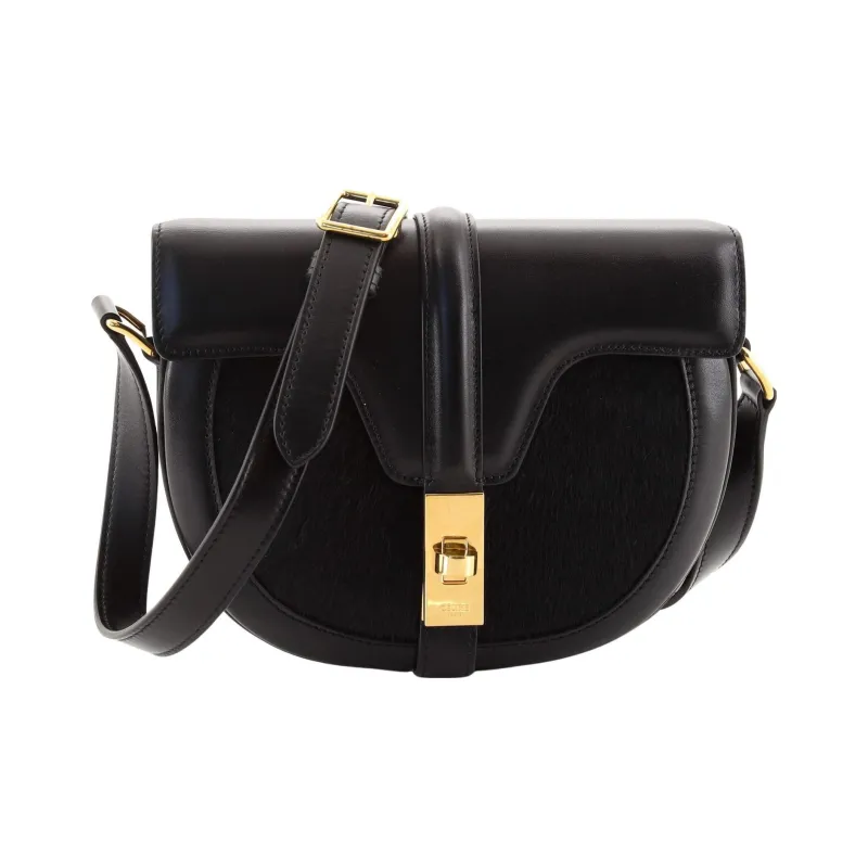 CELINE Besace Cowhide With Horsehair Saddle Bag Shoulder Bag Crossbody Bag Small Size Women's Black-0