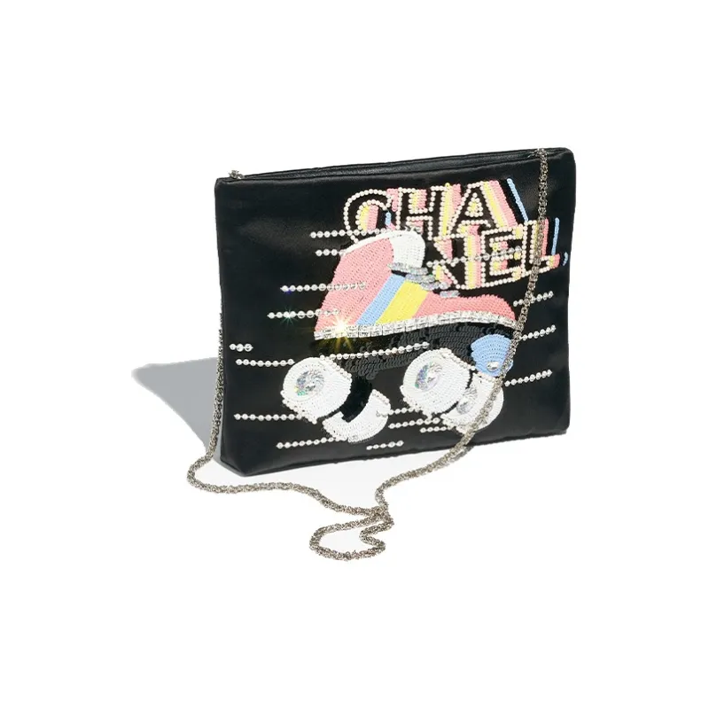 CHANEL Embroidered Silk Satin Sequins Evening Clutch Bag Regular Women's Black-1