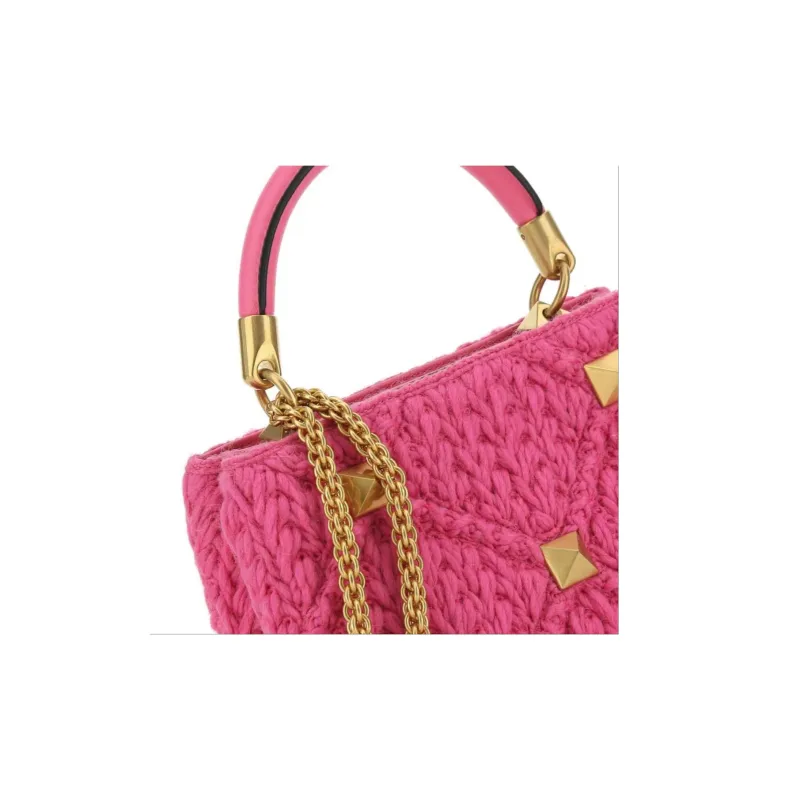 Valentino Fabric With Leather Chain Bag Shoulder Bag Crossbody Bag Handbag Women's Pink-3