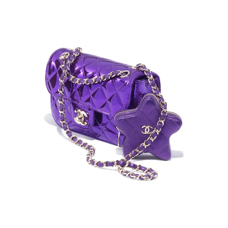 CHANEL Calfskin With Lambskin Flap Bag, Star Shaped Coin Purse, Shoulder Bag, Crossbody Bag Mini Women's Purple-1