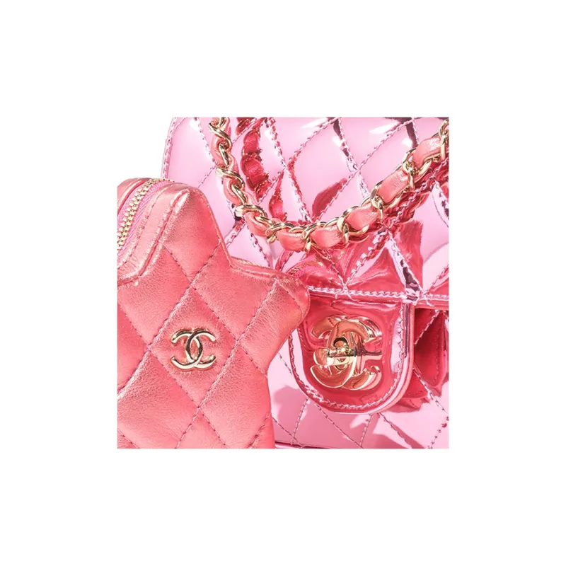 CHANEL Metal Texture Mirror Finish Calfskin With Lambskin Accents Shoulder Bag, Crossbody Bag Mini Women's Pink-3
