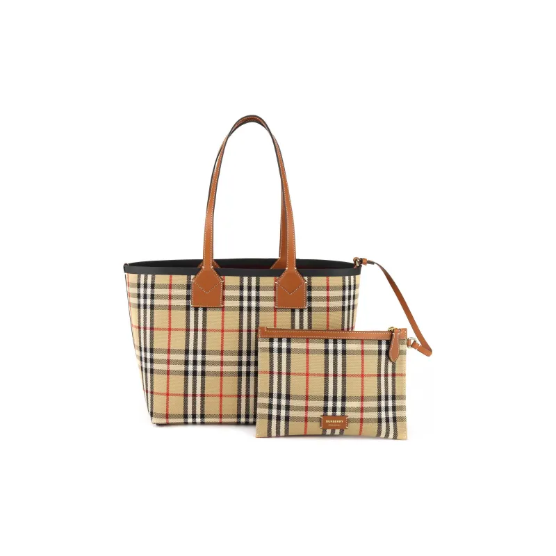 Burberry Check Cotton Small London Tote Bag Briar Brown/Black-1