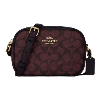 COACH Jamie Canvas With Leather Camera Bag, Canvas Bag, Shoulder Bag, Crossbody Bag Trumpets Women's Gold & Dark Red