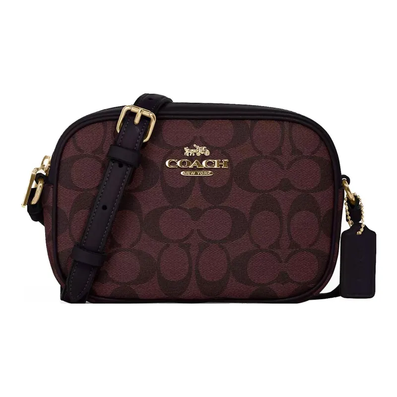 COACH Jamie Canvas With Leather Camera Bag, Canvas Bag, Shoulder Bag, Crossbody Bag Trumpets Women's Gold & Dark Red-0