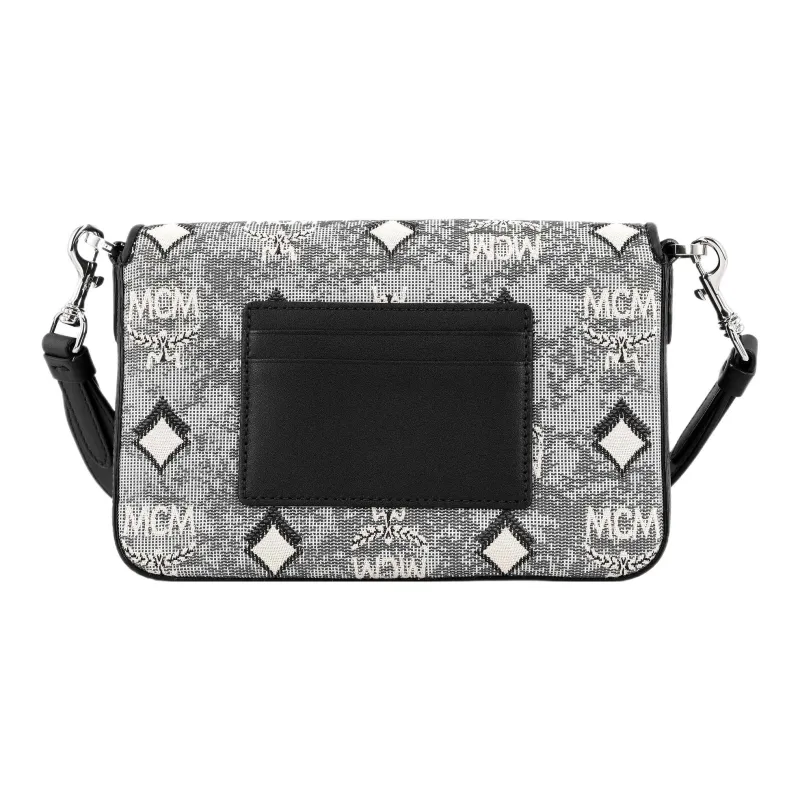 MCM Nappa Leather Jacquard Fabric Shoulder Bag, Crossbody Bag Small Size Women's Gray-3