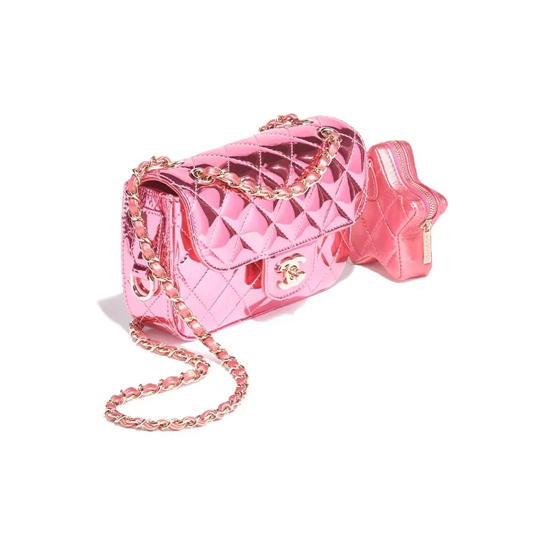 CHANEL Metal Texture Mirror Finish Calfskin With Lambskin Accents Shoulder Bag, Crossbody Bag Mini Women's Pink-1