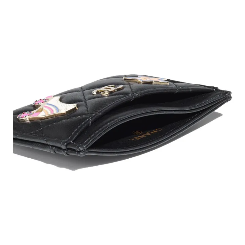 CHANEL Lambskin Enamel Card Holder Women's Black-3