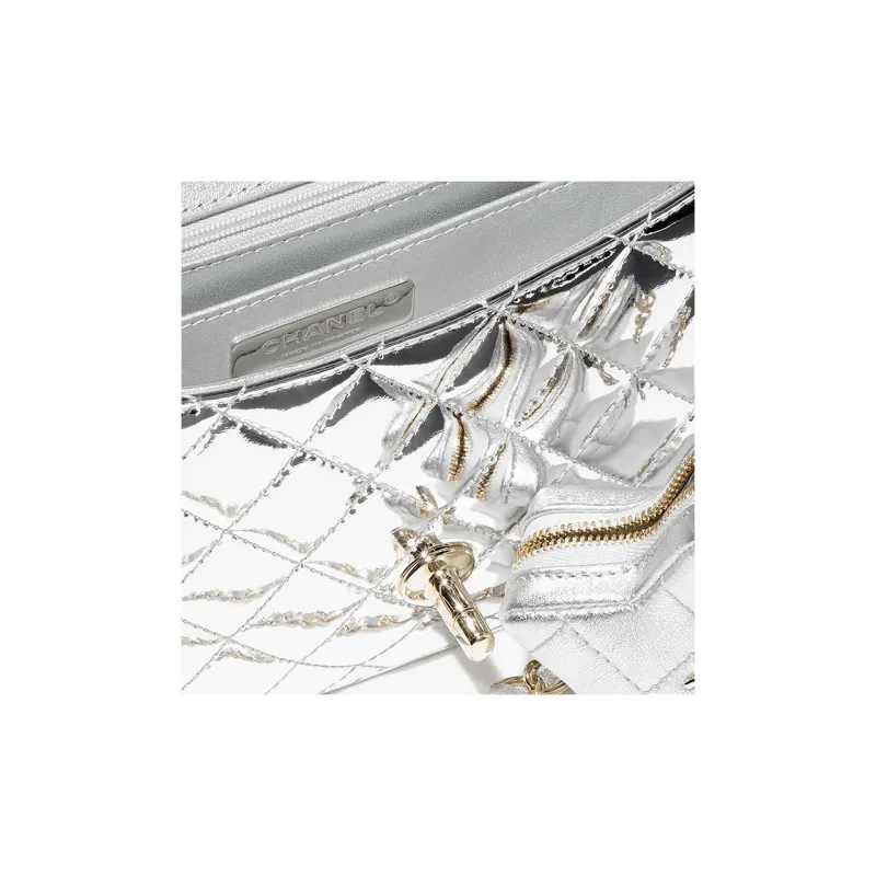 CHANEL Metal Texture Mirror Finish Calfskin With Lambskin Accents Shoulder Bag, Crossbody Bag Women's Silver-3