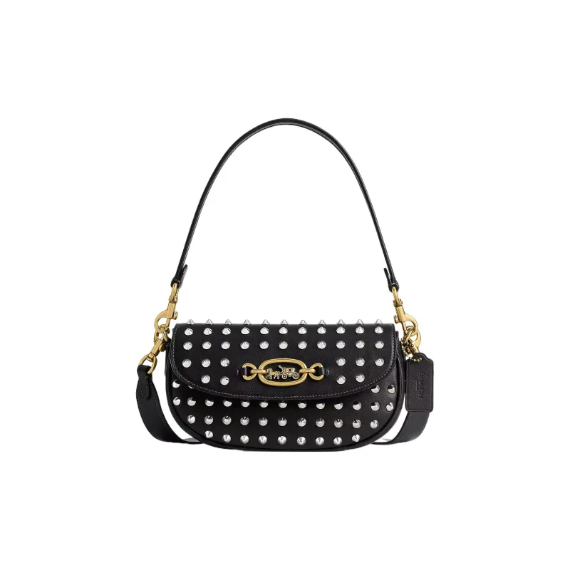 COACH Zip Shoulder Bag Glove Tanning Saddle Bag Handbag Shoulder Bag Medium Size Women's Black-0