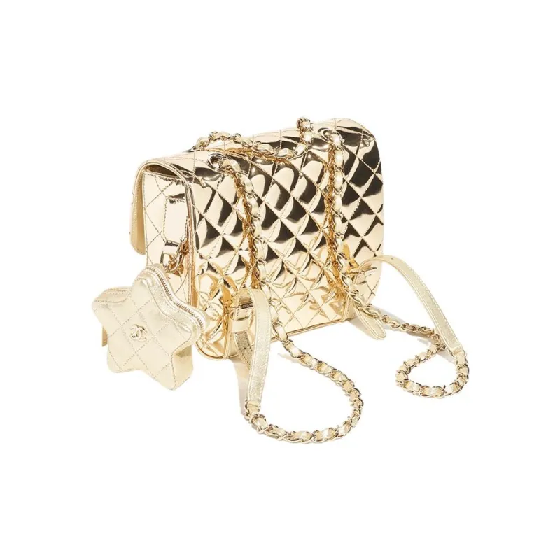 CHANEL Metal Texture Mirror Finish Calfskin Coin Purse Backpack Women's Gold-2