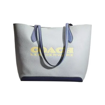 COACH Kia Leather Tote Bag, Shopping Bag, Handbag, Shoulder Bag Large Size Women's Brass & Aqua Green Multicolor