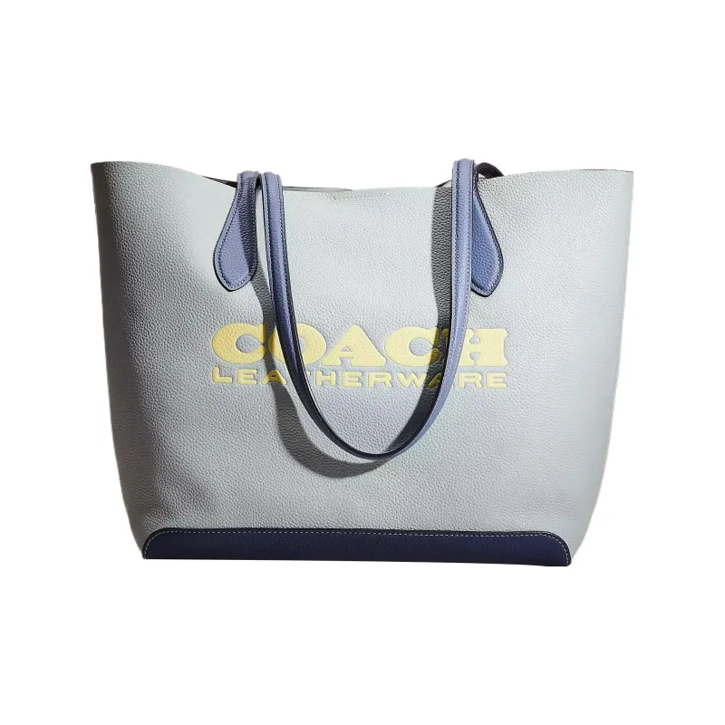 COACH Kia Leather Tote Bag, Shopping Bag, Handbag, Shoulder Bag Large Size Women's Brass & Aqua Green Multicolor-0