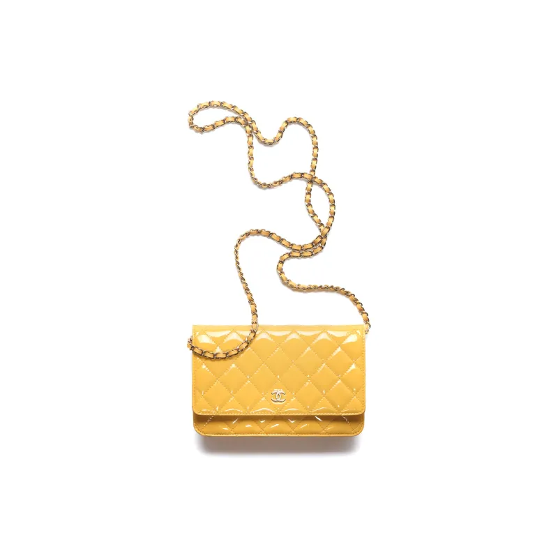 CHANEL Calf Patent Leather Shoulder Bag, Crossbody Bag, Wallet Women's Yellow-0