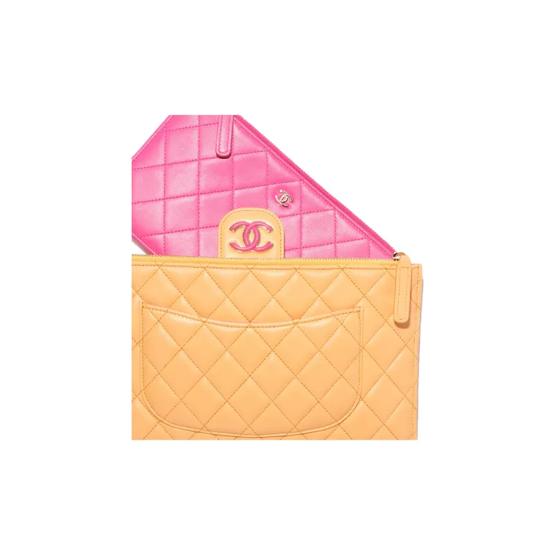 CHANEL Sheepskin Clutch Women's Orange & Dark Pink-2