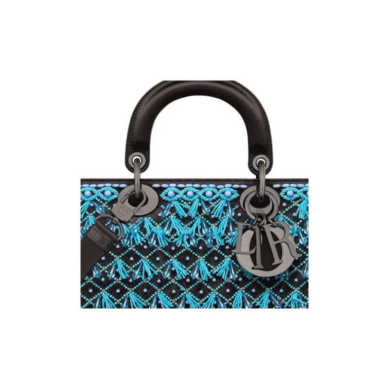 DIOR Lady D-JOY Satin Beaded Embroidery Daisie Bag Shoulder Bag Crossbody Bag Handbag Women's Blue/Black-6