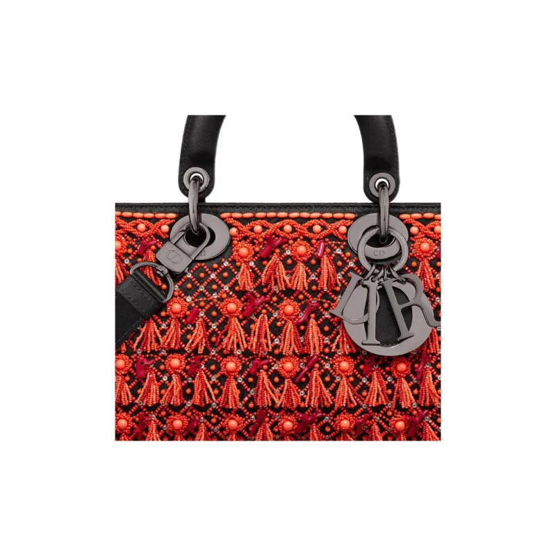 DIOR Lady D-JOY Satin Beaded Embroidery Daisie Bag Shoulder Bag Crossbody Bag Handbag Women's Red-6