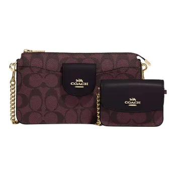 COACH POPPY Canvas With Leather Combo Bag Shoulder Bag Crossbody Bag Small Size Women's Gold & Dark Red Various