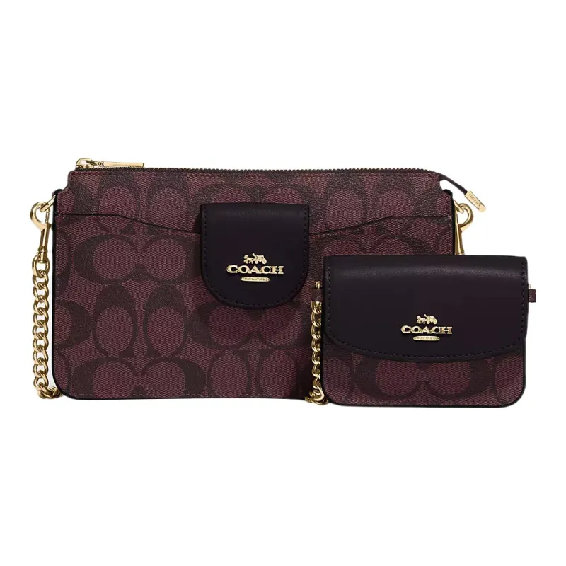 COACH POPPY Canvas With Leather Combo Bag Shoulder Bag Crossbody Bag Small Size Women's Gold & Dark Red Various-0