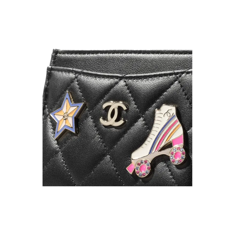 CHANEL Lambskin Enamel Card Holder Women's Black-2