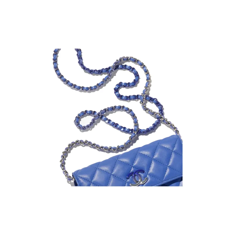 CHANEL Lambskin Flap Bag, One Shoulder Crossbody, Cell Phone Pouch Women's Blue-3