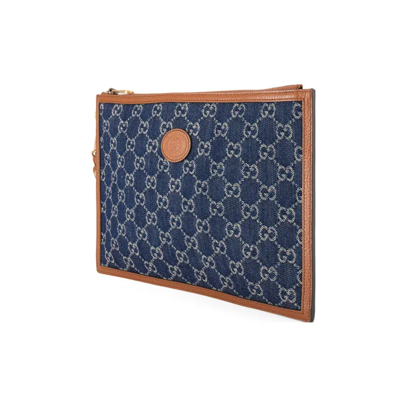 GUCCI GG Denim Denim With Leather Clutch Regular Men's Blue/Brown-2