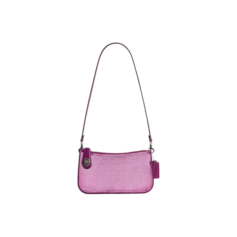 COACH Penn Calfskin Shoulder Bag Portable Crossbody Bag Shoulder Bag Women's Silver Deep Magenta Red-0