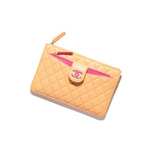 CHANEL Sheepskin Clutch Women's Orange/Deep Pink