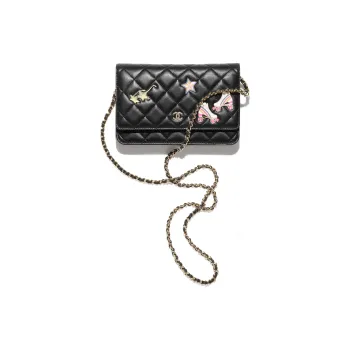 CHANEL Lambskin With Enamel Shoulder Bag, Crossbody Bag, Wallet Women's Black