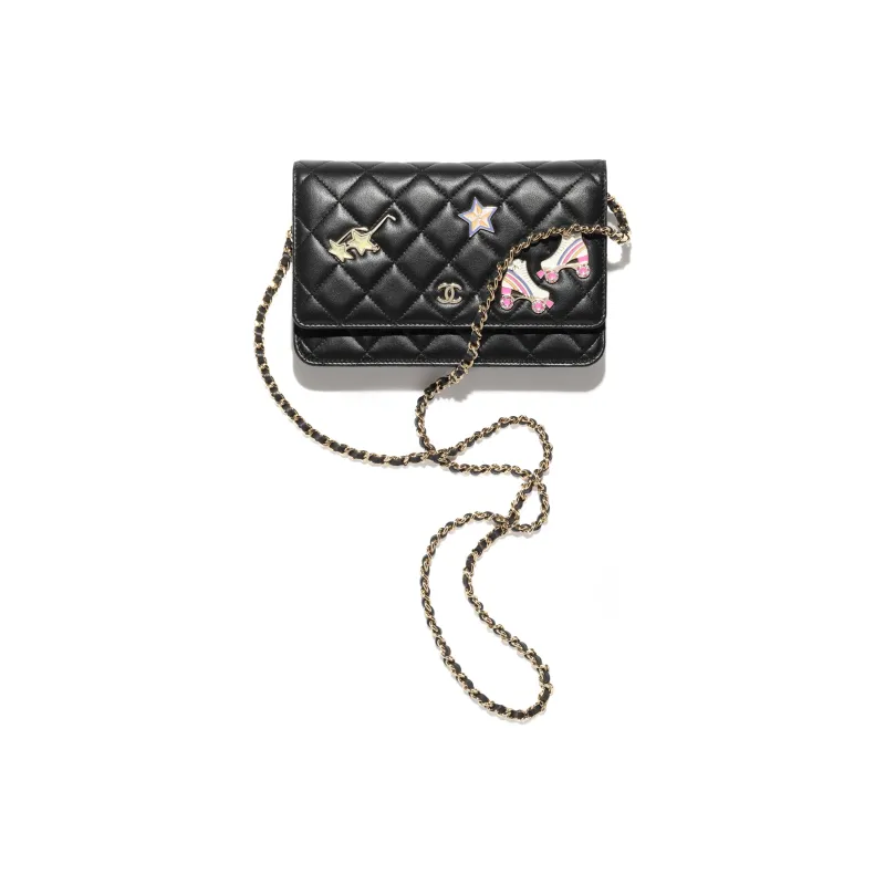 CHANEL Lambskin With Enamel Shoulder Bag, Crossbody Bag, Wallet Women's Black-0
