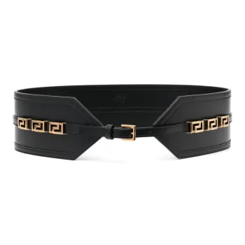 VERSACE Iconic La Greca Print Leather Belts Women's Black Width 7Cm