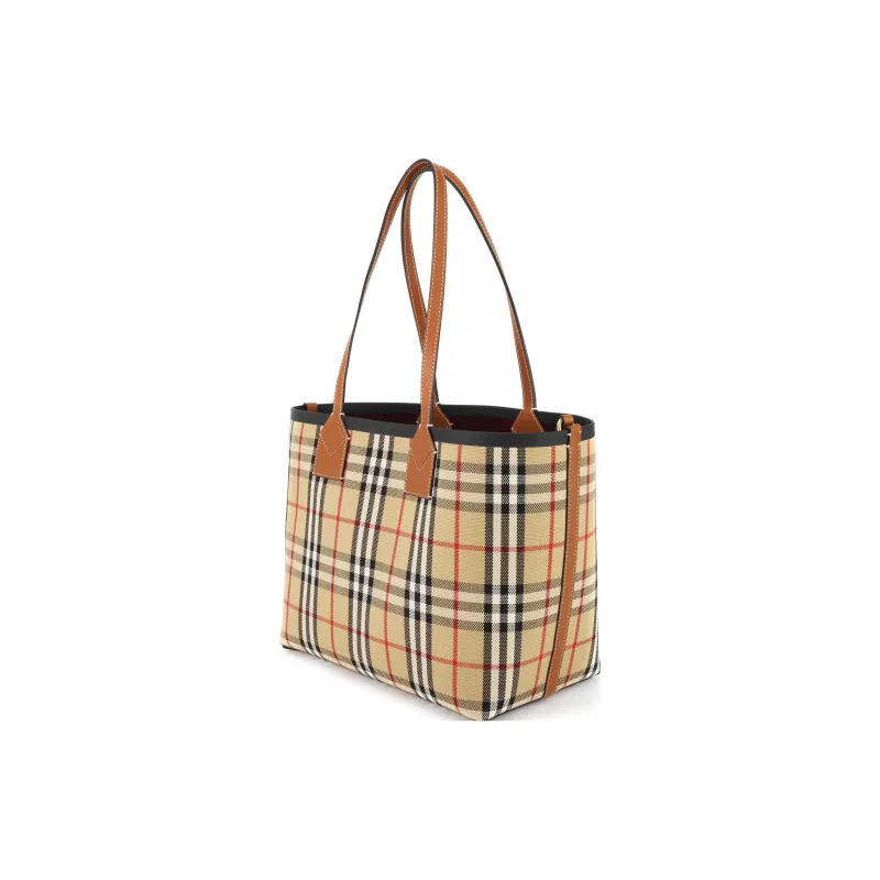 Burberry Check Cotton Small London Tote Bag Briar Brown/Black-2