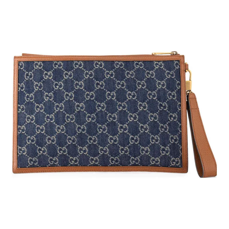 GUCCI GG Denim Denim With Leather Clutch Regular Men's Blue/Brown-3
