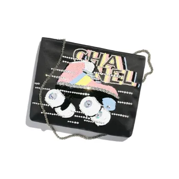 CHANEL Embroidered Silk Satin Sequins Evening Party Clutch Regular Women's Black