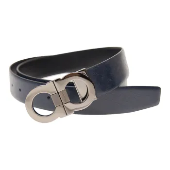 FERRAGAMO Silver Emblem Smooth Buckle Leather Belts Men's Black Width: 3.5cm