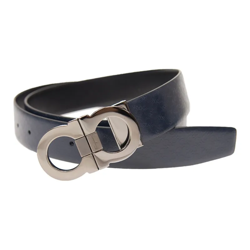 FERRAGAMO Silver Emblem Smooth Buckle Leather Belts Men's Black Width: 3.5cm-0