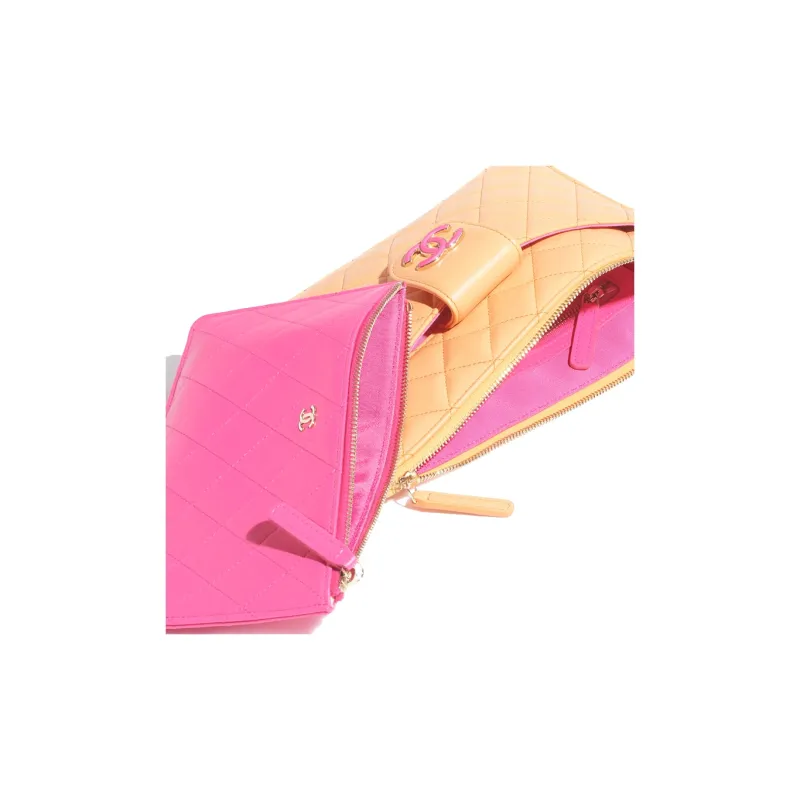 CHANEL Sheepskin Clutch Women's Orange & Dark Pink-3