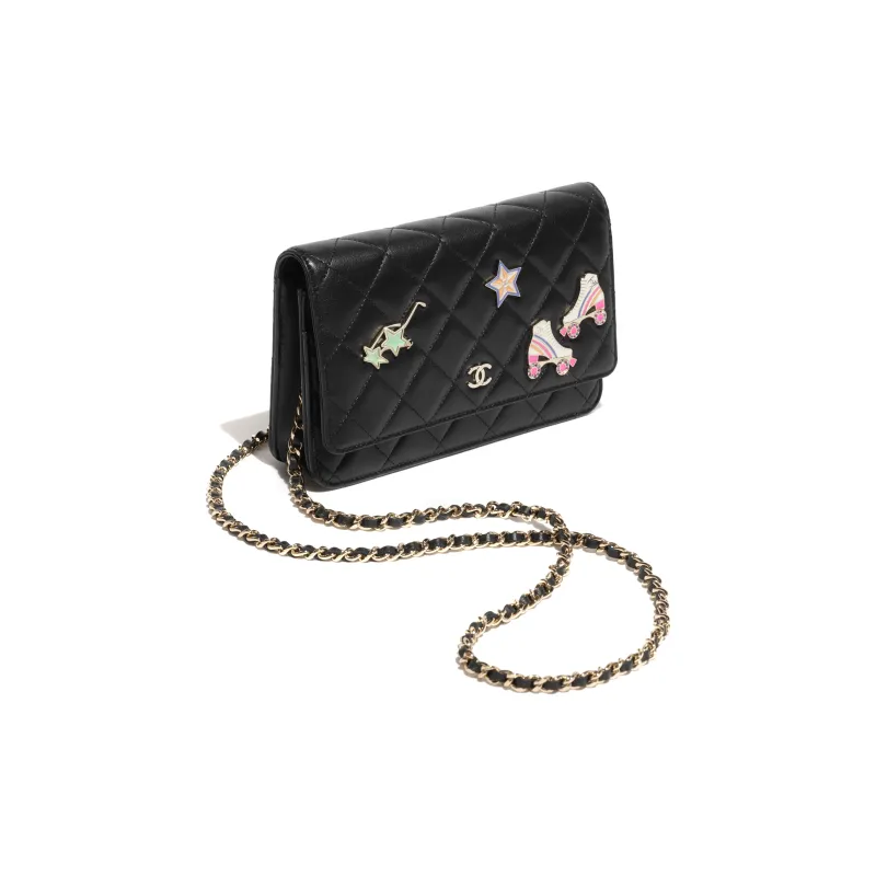 CHANEL Lambskin With Enamel Shoulder Bag, Crossbody Bag, Wallet Women's Black-1