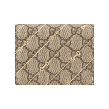 GUCCI Canvas With Leather Card Holder Women's Beige & Ebony