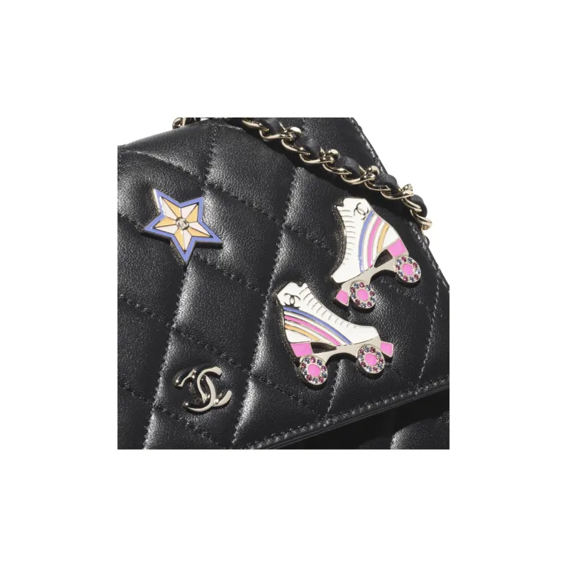 CHANEL Lambskin With Enamel Shoulder Bag, Crossbody Bag, Wallet Women's Black-3
