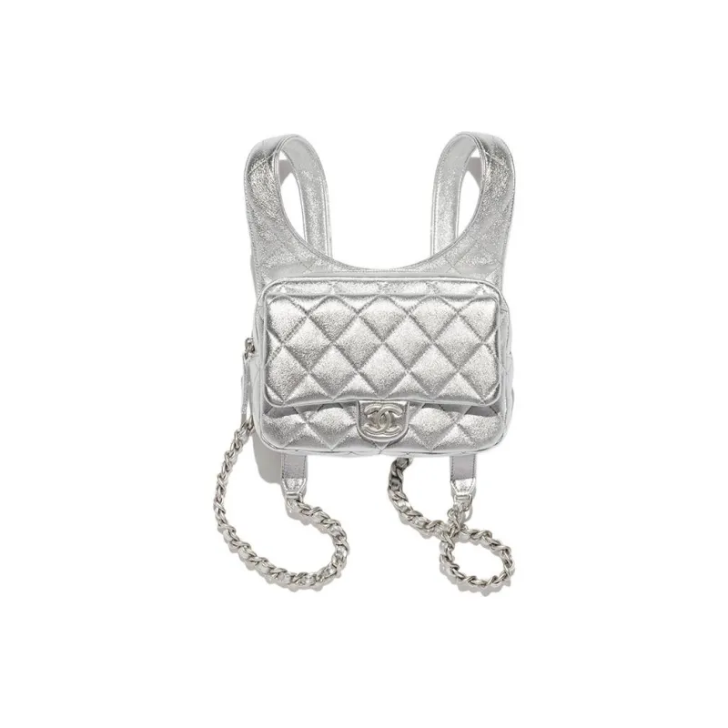 CHANEL Metallic Feel Sheepskin Backpack Women's Silver-0