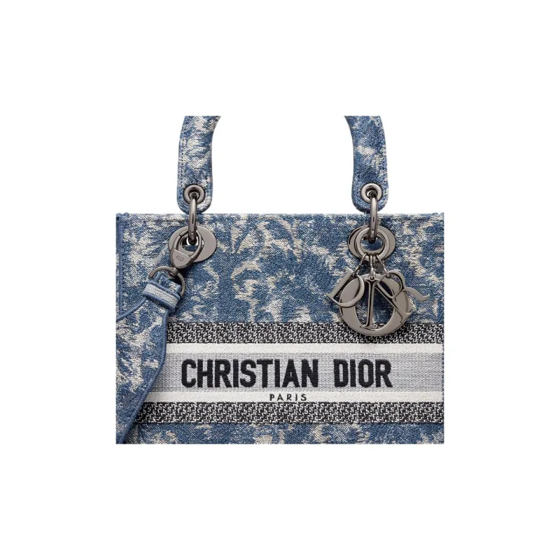 DIOR Lady D-Lite Embroidery Daisie Bag Tote Bag Shopping Bag Handbag Medium Size Women's Blue-6