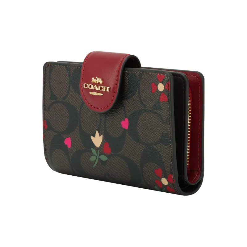 COACH Corner Zip Monogram Canvas With Leather Snap Closure Wallet Women's Burgundy Multicolor-1