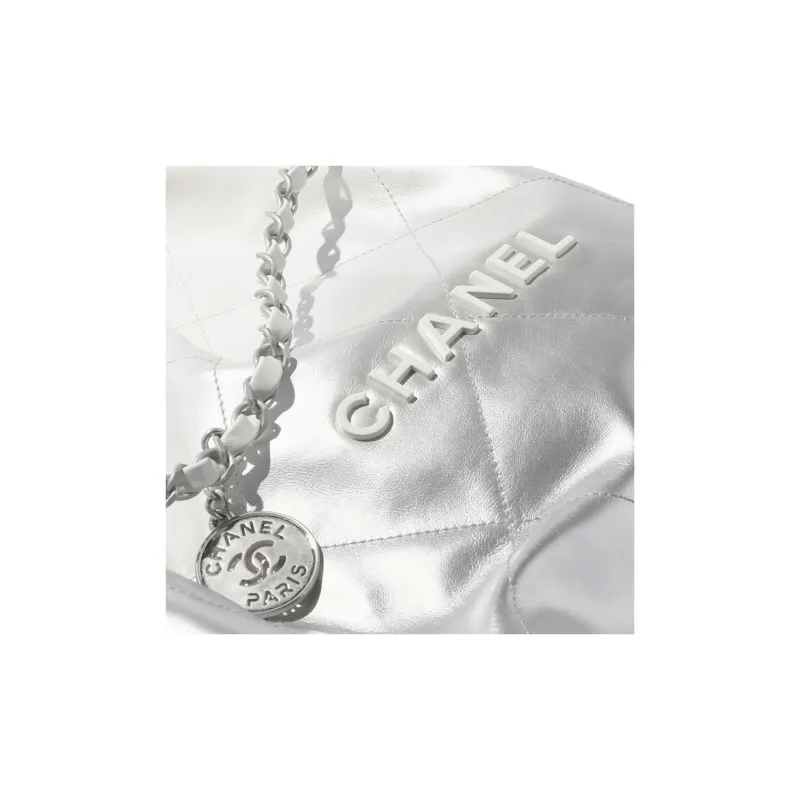 CHANEL 22Bag Gradient Metal Texture Calfskin Bucket Bag, Handbag, Shoulder Bag Regular Women's White & Silver-2