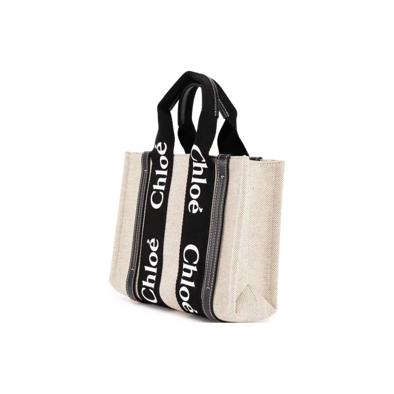 Chloe Woody Calfskin Tote Bag Shopping Bag Shoulder Bag Crossbody Bag Handbag Small Size Women's Black & Beige-1