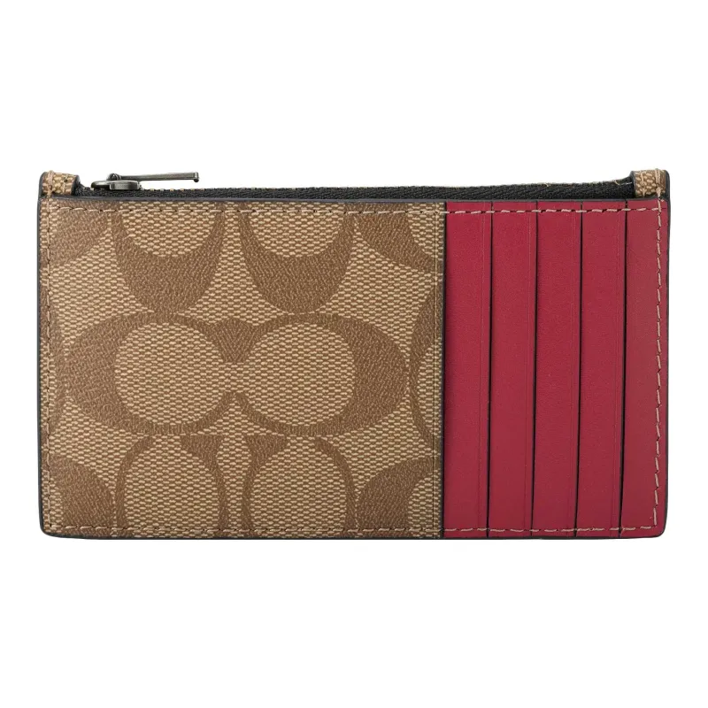 COACH Boxed Canvas With Leather Card Wallet With Keychain Box Women's Dark Brown & Red-2