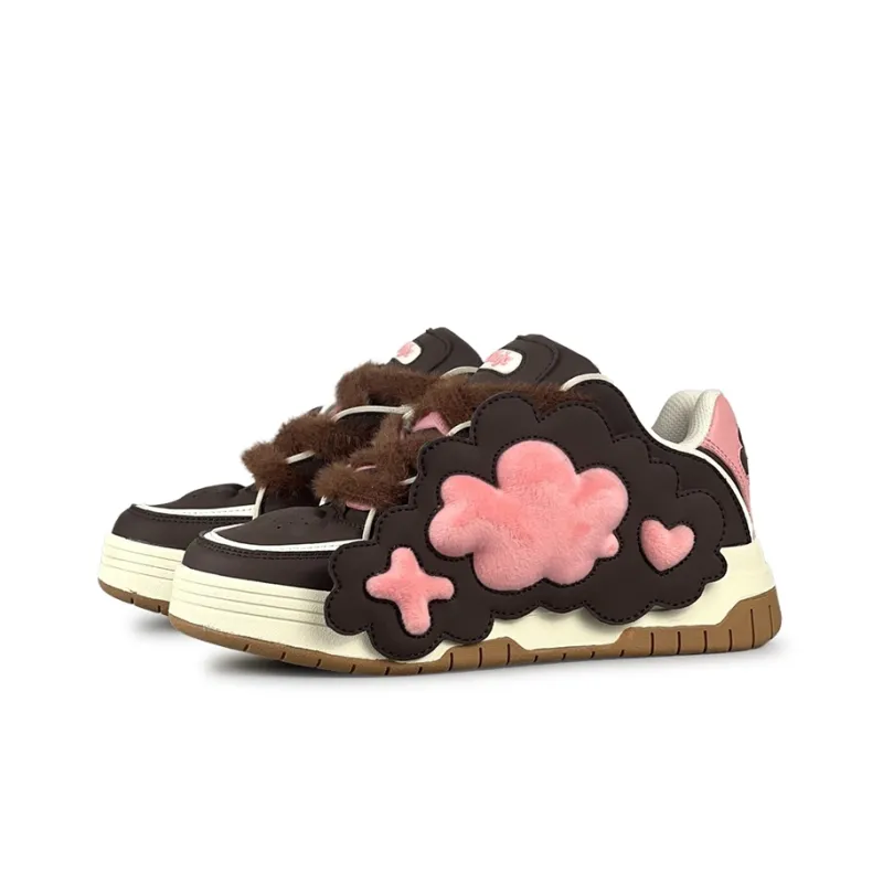 OHJC Puffy Shoes Anti Slip Wear Resistant Low Top Skateboard Shoes Women's Pink Brown-2